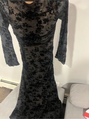 Cider Black Floral Velvet Burnout Long Sleeve Dress